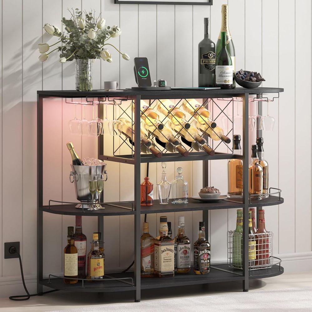 Wine & Beer Tours Of Nova Scotia - Zwarte 3-laags salontafel met wijnrek, stopcontact